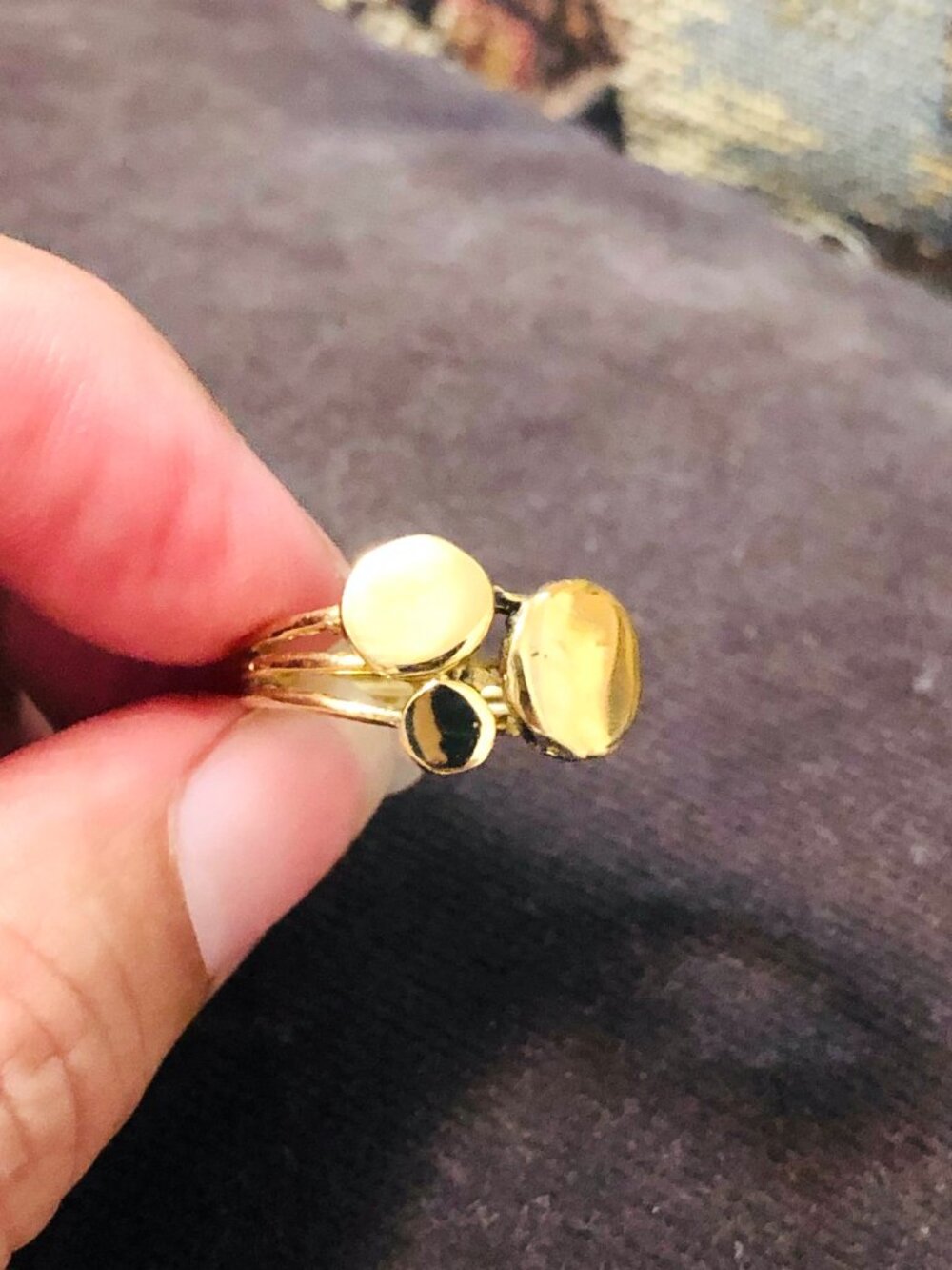 Geometric Shapes Gold Tone Brass Ring Three Dots Abstract Design Size 7 to 7.5